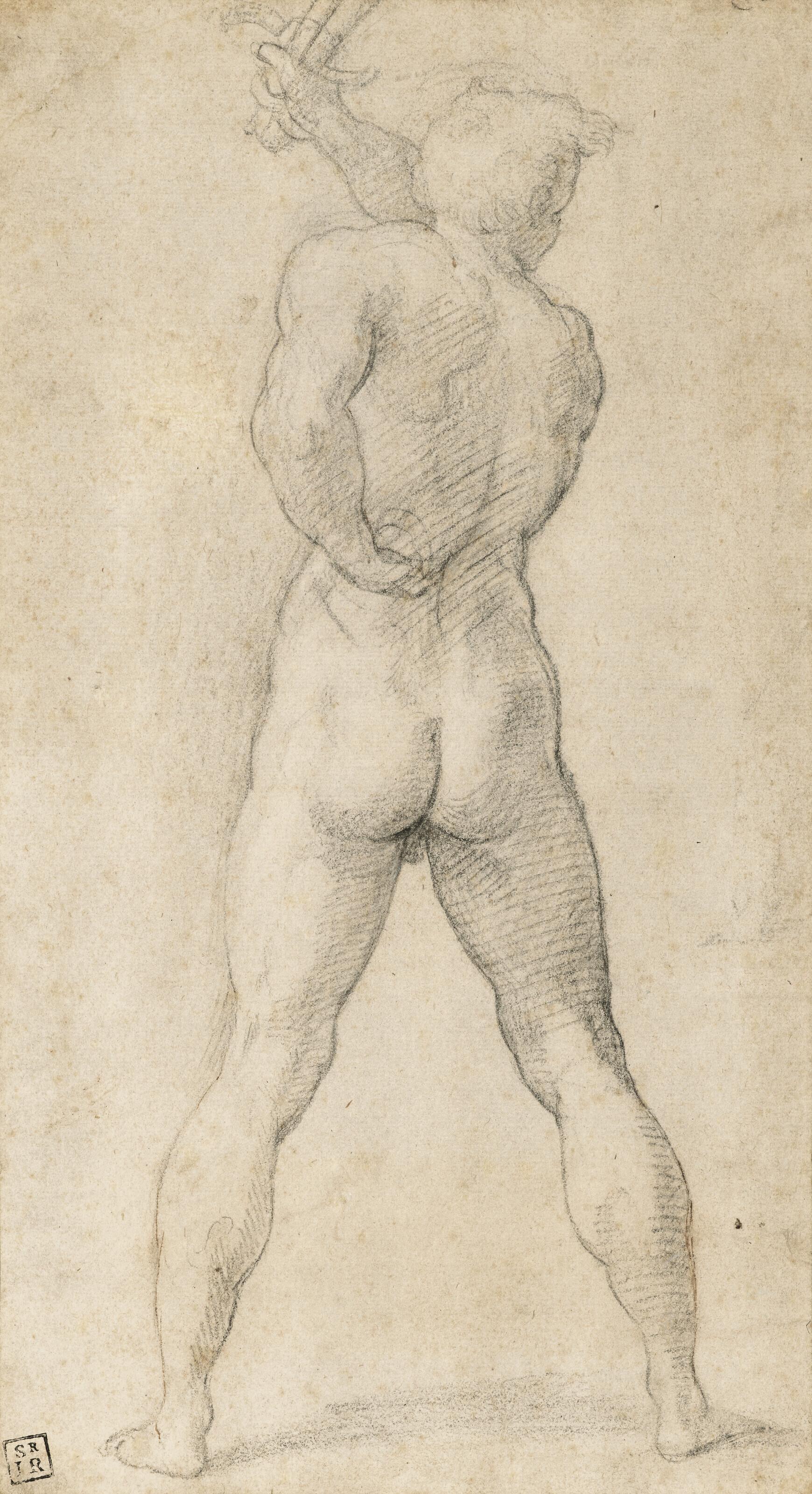 Girolamo Francesco Maria Mazzola - A male nude seen from the back, brandishing a sword