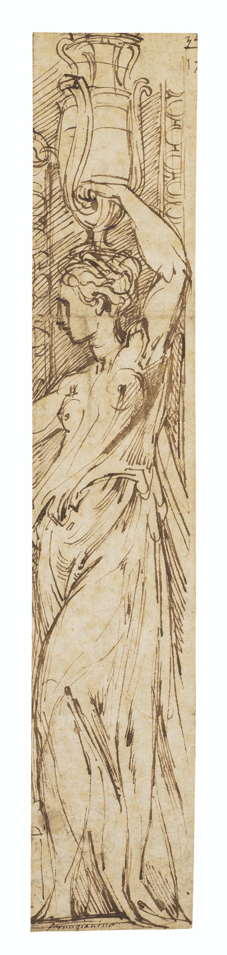 Girolamo Francesco Maria Mazzola - A woman carrying a vase in profile to the left (recto); Study of a kneeling caryatid (verso, faintly visible through the recto)