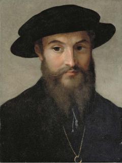 Girolamo Francesco Maria Mazzola - Portrait of A Bearded Man, Bust-Length, In A Black Hat, Wearing A Gold Chain With A Ring