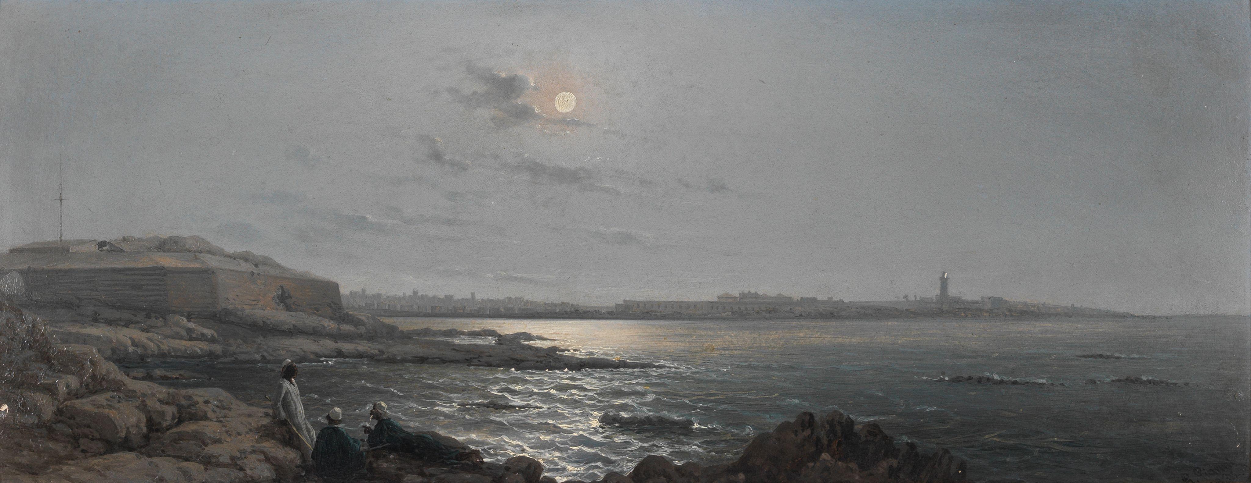 Girolamo Gianni - A moonlit shore with Valetta beyond, Malta