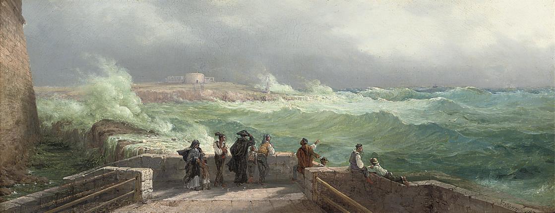 Girolamo Gianni - Figures waiting at the quay, Manoel Island, Malta, Fort Tigné beyond