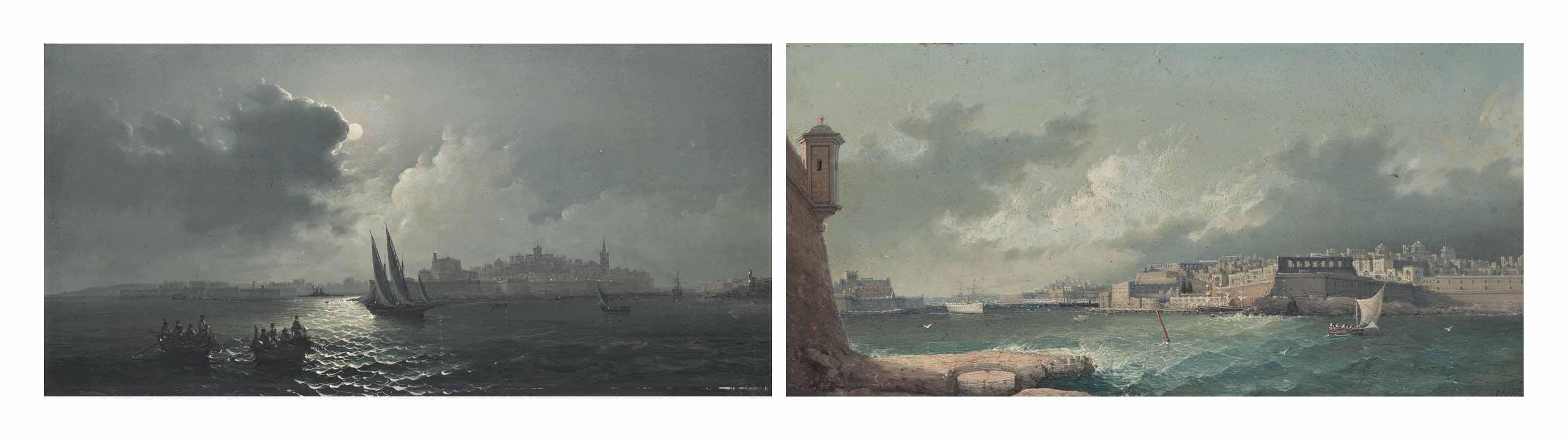 Girolamo Gianni - The Grand harbour by day; and Marsamxett harbour by night, Malta