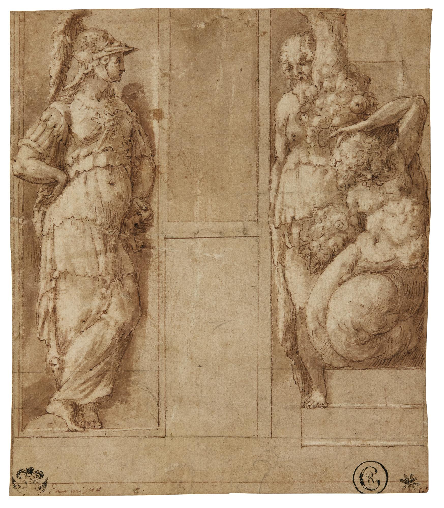 Girolamo Mazzola Bedoli - Design For A Decorative Scheme: A Standing Female Figure, Possibly Minerva; Two Bearded Men, One Possibly Marsyas
