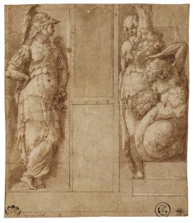 Girolamo Mazzola Bedoli - Design For A Decorative Scheme: A Standing Female Figure, Possibly Minerva; Two Bearded Men, One Possibly Marsyas