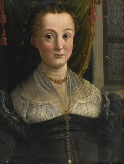 Girolamo Mazzola Bedoli - Portrait Of A Lady, Bust Length, In A Black Gown And Linen Partlet