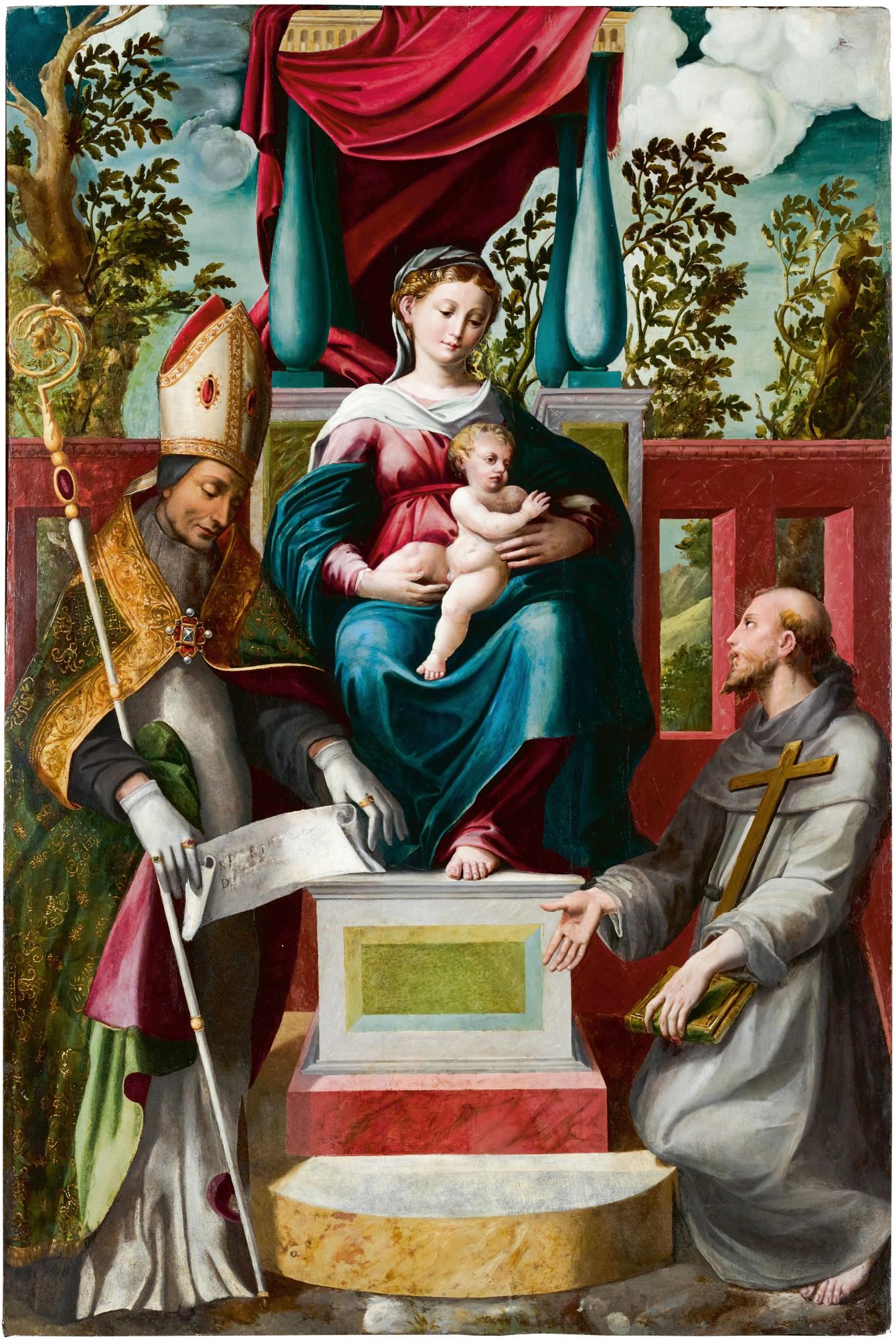 Girolamo Mazzola Bedoli - The Virgin and Child enthroned with a bishop saint and Saint Francis
