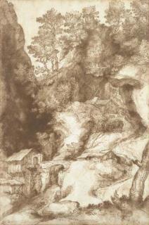Girolamo Muziano - A rocky gorge with a mill