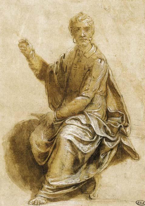 Girolamo Siciolante Da Sermoneta - A Seated Figure, His Right Hand Raised