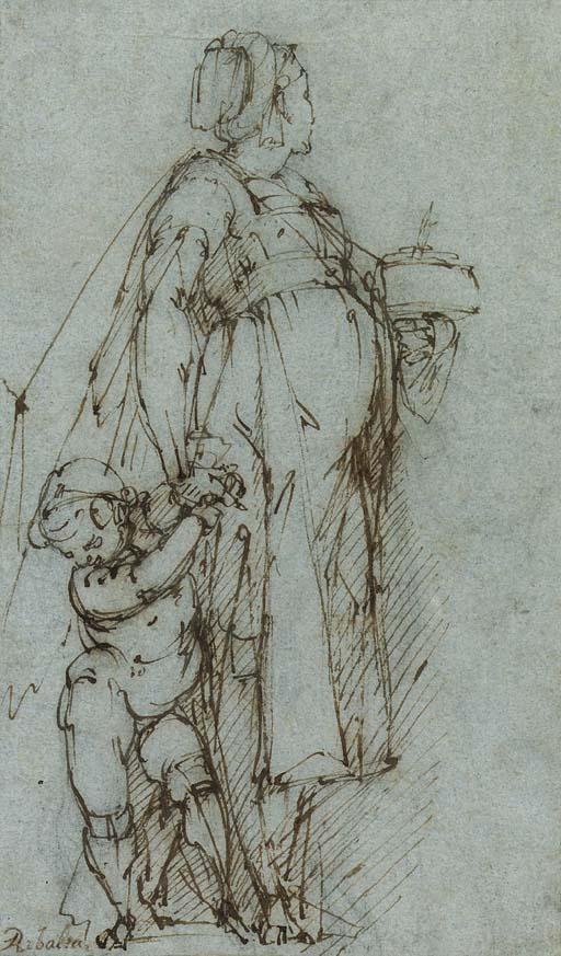 Giulio Benso - A woman with a putto holding a distaff; (recto); The head of an old woman, after the Antique (verso)