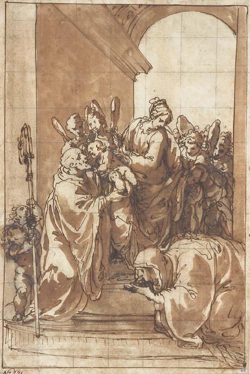 Giulio Benso - The Madonna and Child with angels, Saint Benedict and Saint Scolastica under an arch