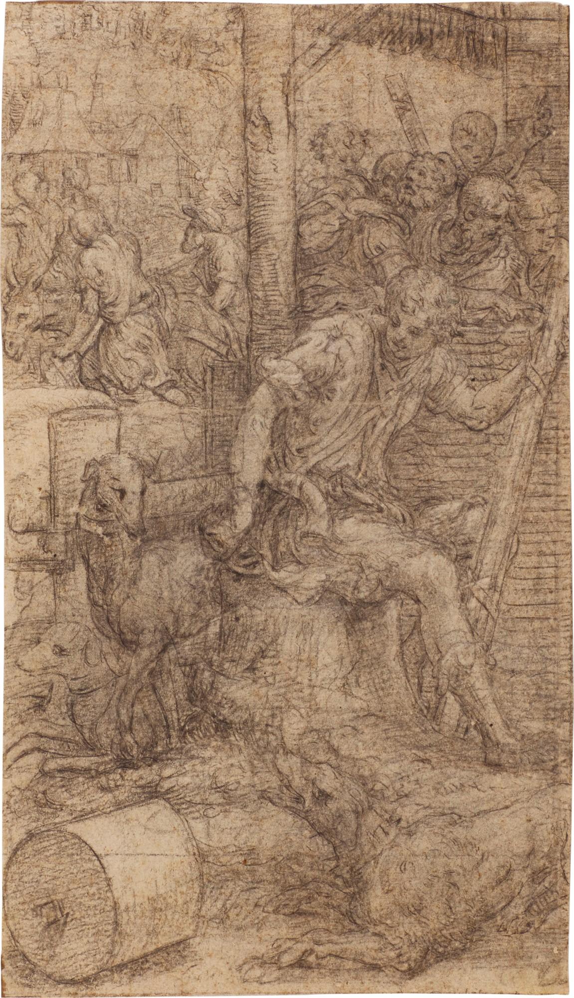 Giulio Campi - A young shepherd seated on a tree trunk, three dogs beside him, figures beyond and houses in the background
