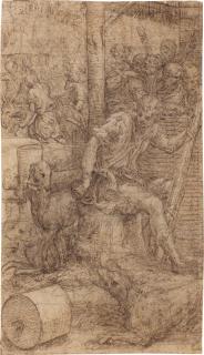 Giulio Campi - A young shepherd seated on a tree trunk, three dogs beside him, figures beyond and houses in the background