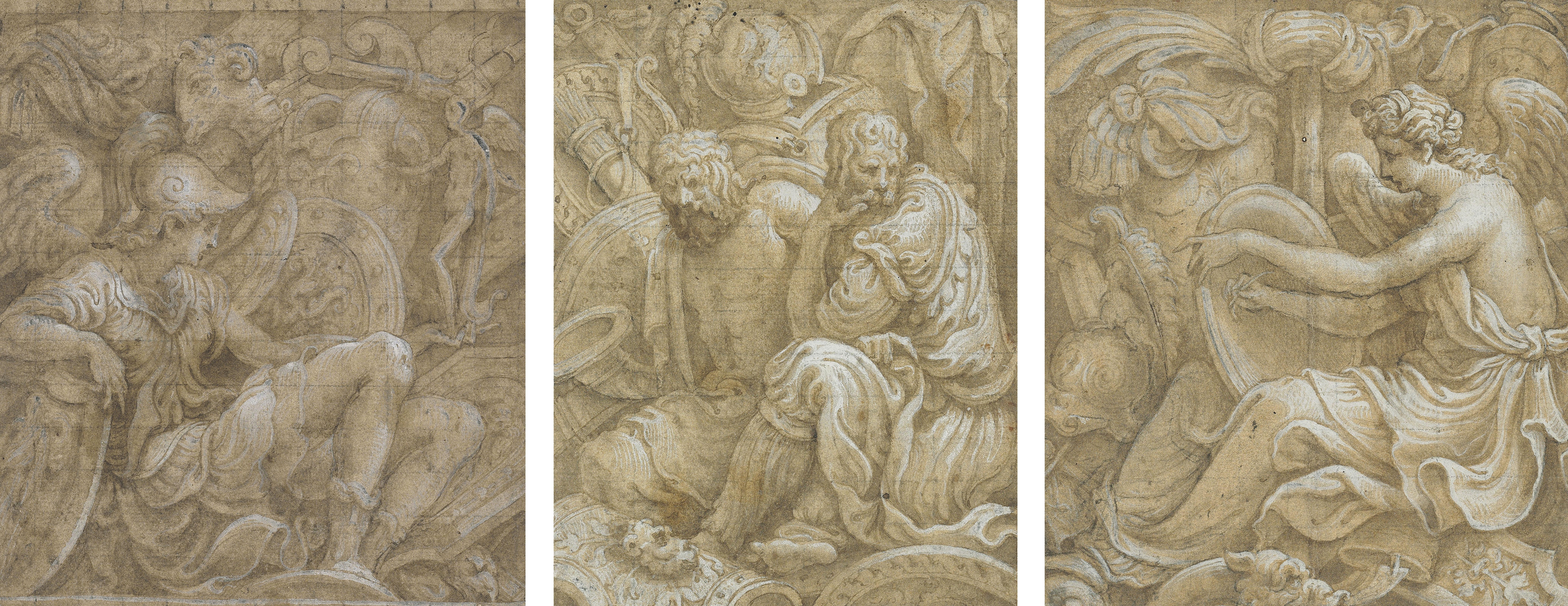 Giulio Campi - A young warrior seated among pieces of armour and sculpture; Two prisoners seated among pieces of armour;  and  Fame seated among pieces of armour
