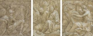 Giulio Campi - A young warrior seated among pieces of armour and sculpture; Two prisoners seated among pieces of armour;  and  Fame seated among pieces of armour
