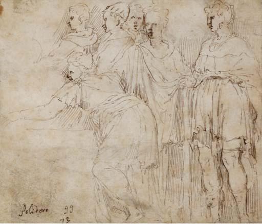 Giulio Campi - Six standing figures in drapery turned to the left (recto); A standing female in drapery turned to the right (verso)