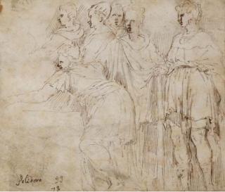 Giulio Campi - Six standing figures in drapery turned to the left (recto); A standing female in drapery turned to the right (verso)