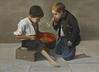 Giulio del Torre - Zwei Jungen beim Seifenblasen.