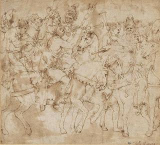Giulio Pippi - A Roman Officer with mounted musicians, one on an ass