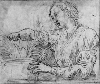 Giulio Pippi - A woman watering a plant (recto); Design for an ornamental scroll with a monkey (verso)