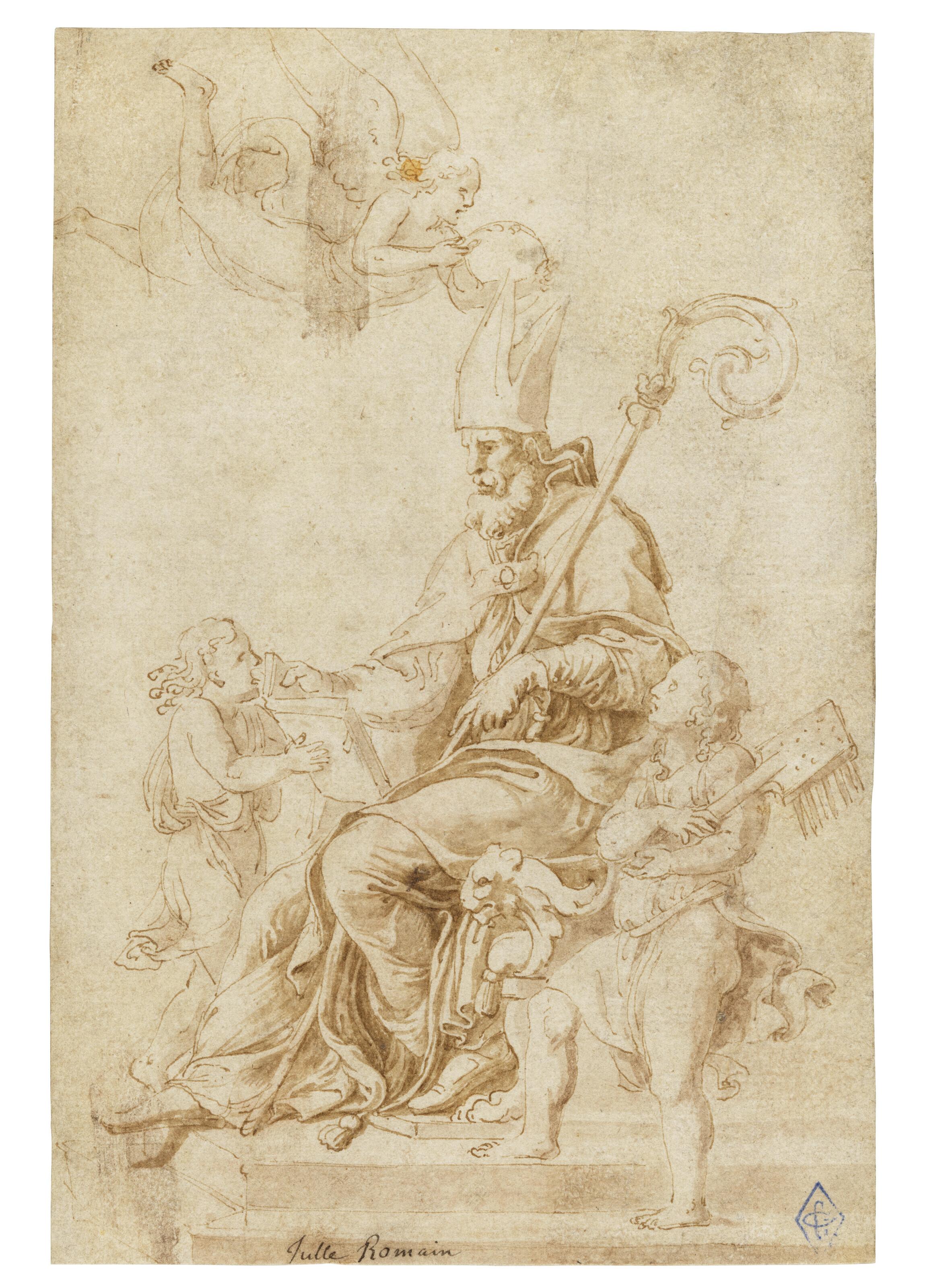 Giulio Pippi - Saint Blaise, enthroned and crowned by an angel, with two boy attendants