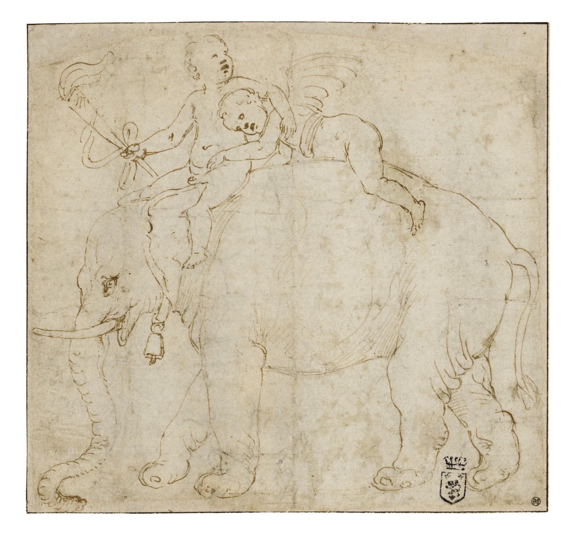 Giulio Romano - Two Putti on the Back of an Elephant, Study for a Stucco Medallion in the West Lunette on the Vault of the Camera delle Aquile, Palazzo Te