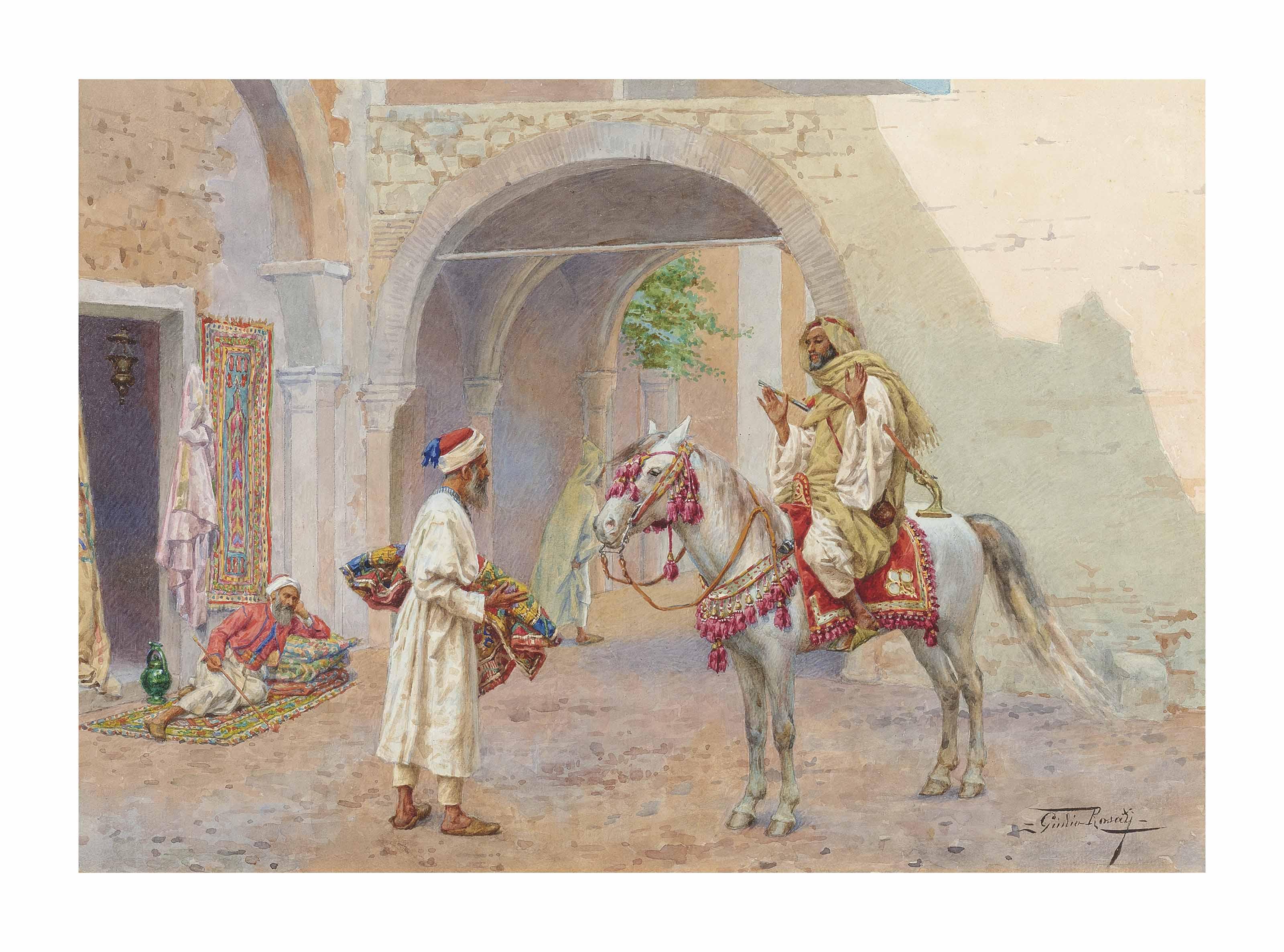 Giulio Rosati - Arab Horseman conversing with a carpet merchant