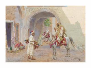 Giulio Rosati - Arab Horseman conversing with a carpet merchant