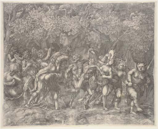 Giulio Sanuto - Bacchanale in a Forest (Bartsch 5; Passavant 5; Bury 3)