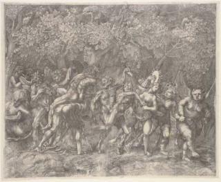 Giulio Sanuto - Bacchanale in a Forest (Bartsch 5; Passavant 5; Bury 3)