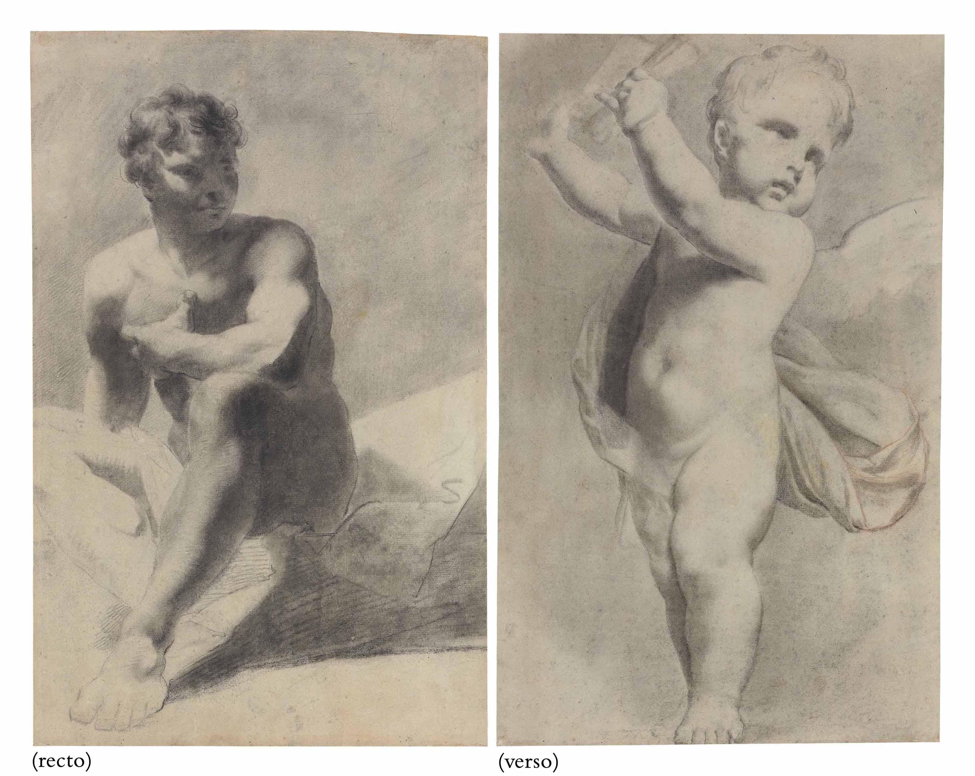 Giuseppe Angeli - A seated male nude (recto); A standing putto holding up a book (verso)