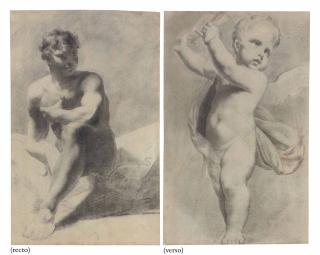 Giuseppe Angeli - A seated male nude (recto); A standing putto holding up a book (verso)
