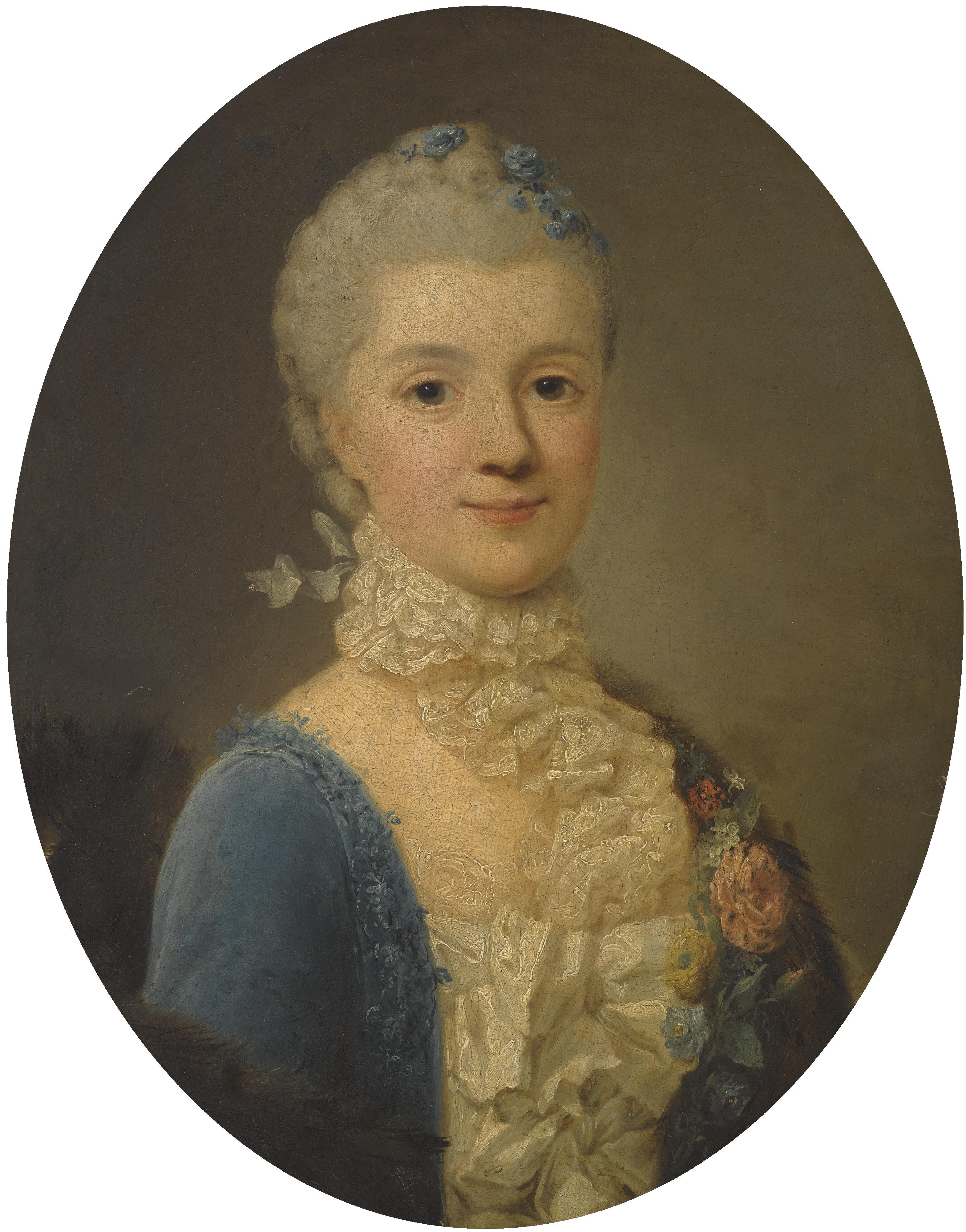 Giuseppe Baldrighi - Portrait Of A Lady, Wearing A Blue Dress And Lace Collar