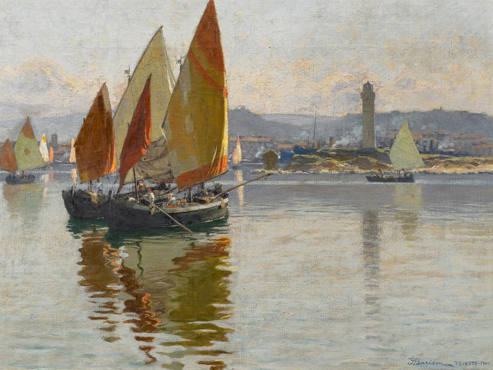 Giuseppe Barison - Boote auf dem Wasser vor der Hafeneinfahrt von Triest.