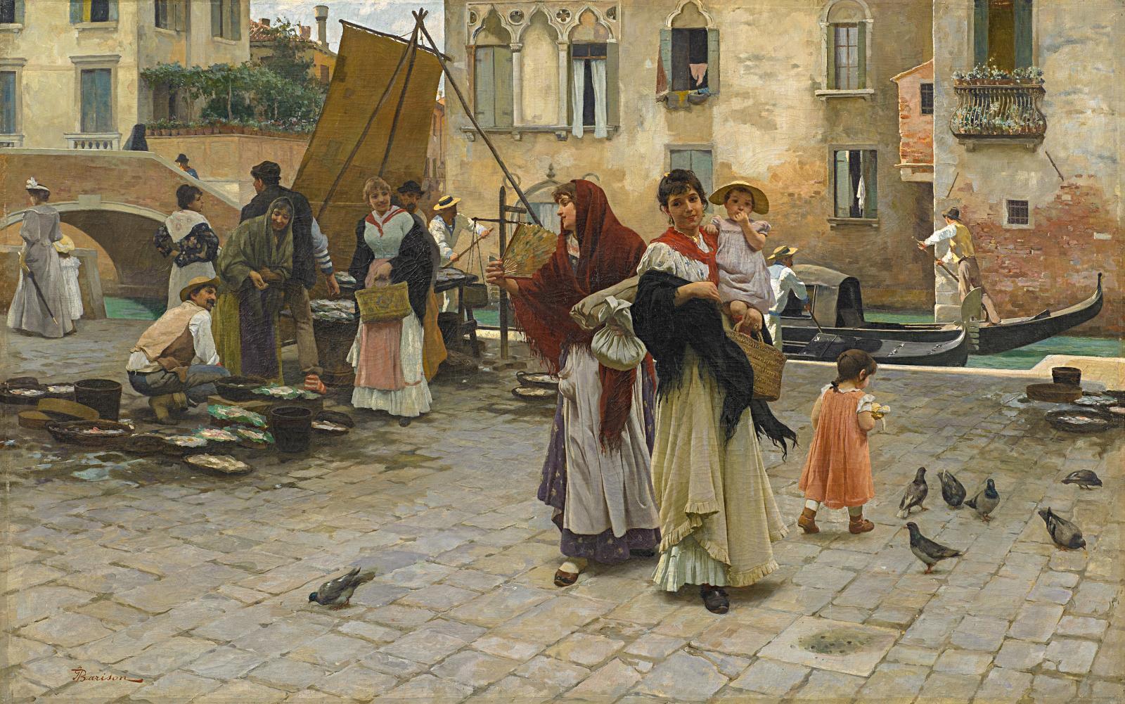 Giuseppe Barison - In Venedig. Geschäftiges Treiben auf einem Fischmarkt.