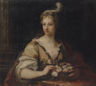 Giuseppe Bartolomeo Chiari - A lady in a yellow dress and red robe, with a feathered headdress, arranging a basket of flowers