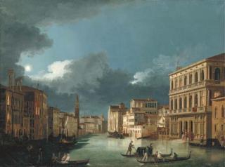 Giuseppe-Bernadino Bison - The Grand Canal, Venice, looking north-west, from the Palazzo Corner to the Palazzo Contarini dagli Scrigni, by moonlight with elegant figures in gondolas