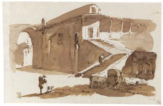 Giuseppe Bernardino Bison - A Building With A Loggiato And A Long Staircase, Figures And A Coach And A Horse In The Foreground