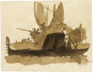 Giuseppe Bernardino Bison - A Gondola With A Larger Boat Behind It