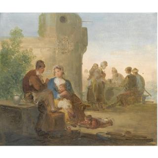 Giuseppe Bernardino Bison - A Landscape With Peasants Resting Outside A Tavern