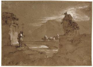 Giuseppe Bernardino Bison - A moonlit coastal landscape with two men looking on as figures lead animals across a bridge