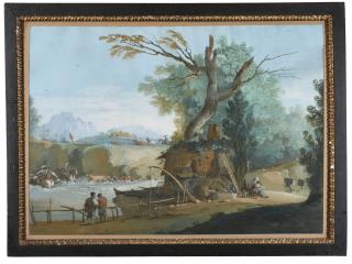 Giuseppe Bernardino Bison - A Pair Of Hunting Scenes: A) A Hunt Pursuing A Deer Over A Bridge B) A Hunt Pursuing A Deer Across A River