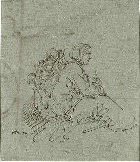 Giuseppe Bernardino Bison - A seated woman with two children carried in a shawl on her back (recto); Fragmentary architectural design (verso)