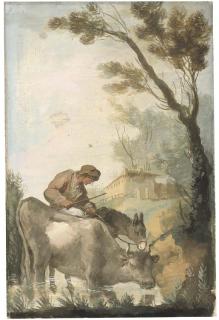 Giuseppe Bernardino Bison - A shepherd crossing a ford with a cow and a donkey, a farmhouse beyond