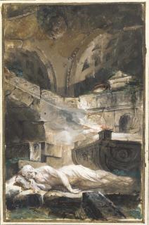 Giuseppe Bernardino Bison - A vestal virgin reclining near a holy fire in a tomb