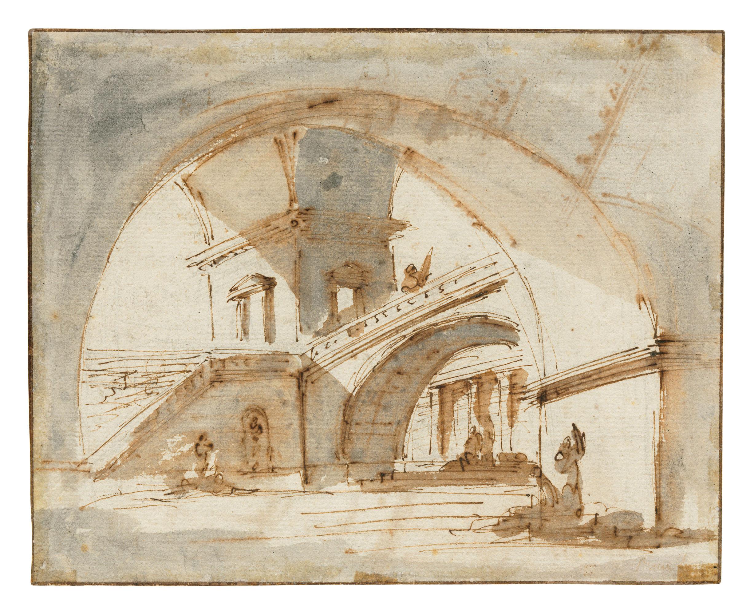 Giuseppe Bernardino Bison - An architectural capriccio with arches and bridges (recto and verso)