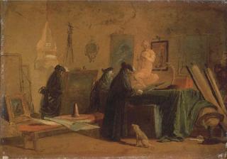 Giuseppe Bernardino Bison - Connoisseurs in carnival costume in an interior with pictures and objects of art and science