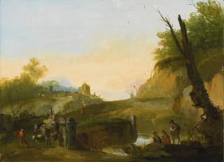 Giuseppe Bernardino Bison - Evening Landscape With Travellers Crossing A Bridge