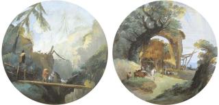 Giuseppe Bernardino Bison - Paesaggio alpino con due viandanti ed un cane su un ponte sospeso Paesaggio con un borgo rustico, armenti e viandanti