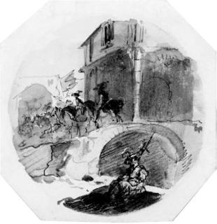 Giuseppe Bernardino Bison - Riders and a seated figure by a house