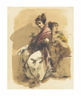 Giuseppe Bernardino Bison - Two elegantly dressed ladies holding flowers